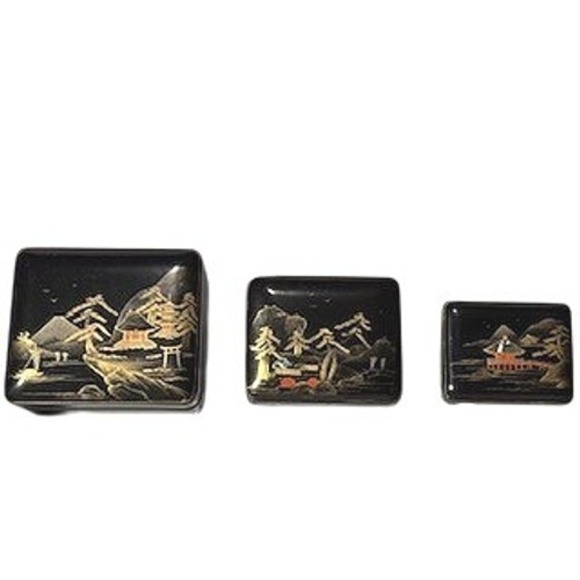 The Unbranded Brand Other - Vintage Lacquer Nesting Trinket Boxes Set Japanese Landscape Scene Black Gold